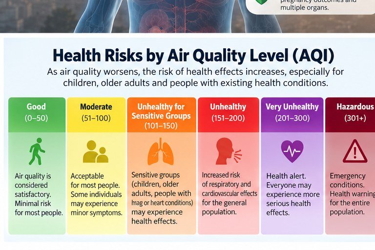 AQI health risk categories from lower to higher air pollution