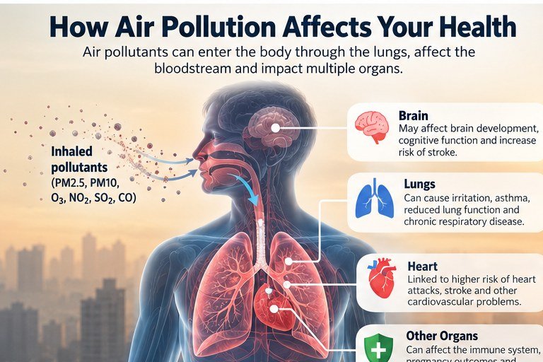 Illustration showing how air pollution and fine particles can affect the lungs, heart and other organs