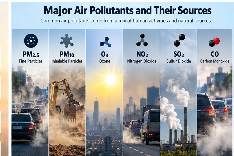 Major air pollutants including PM2.5, PM10, ozone, nitrogen dioxide, sulfur dioxide and carbon monoxide and their common sources