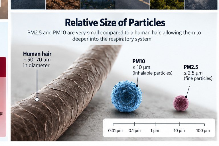 Relative particle size comparison for PM2.5, PM10 and a human hair